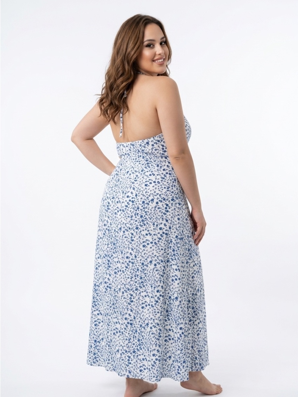 Backless Blue Floral Maxi Dress - Women's Halter Summer Dress